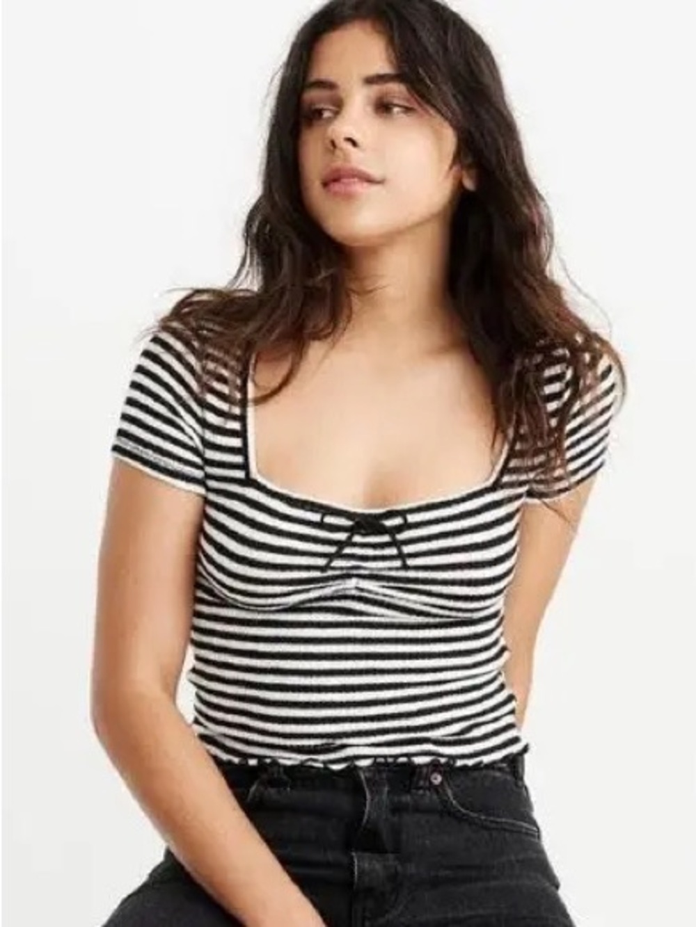 Abercrombie & Fitch Black and White Striped Square-Neck Tee